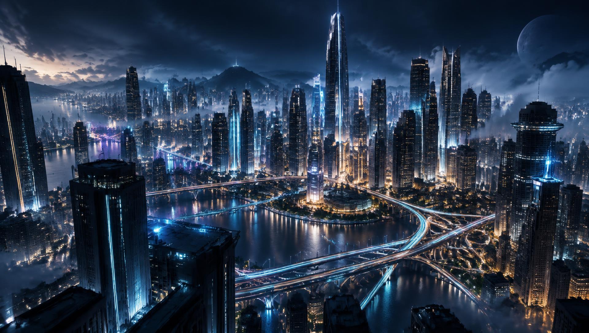 A futuristic metropolis at night